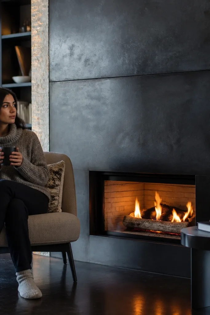 Thin stone face fireplace with blackened steel panel and warm wood mantel