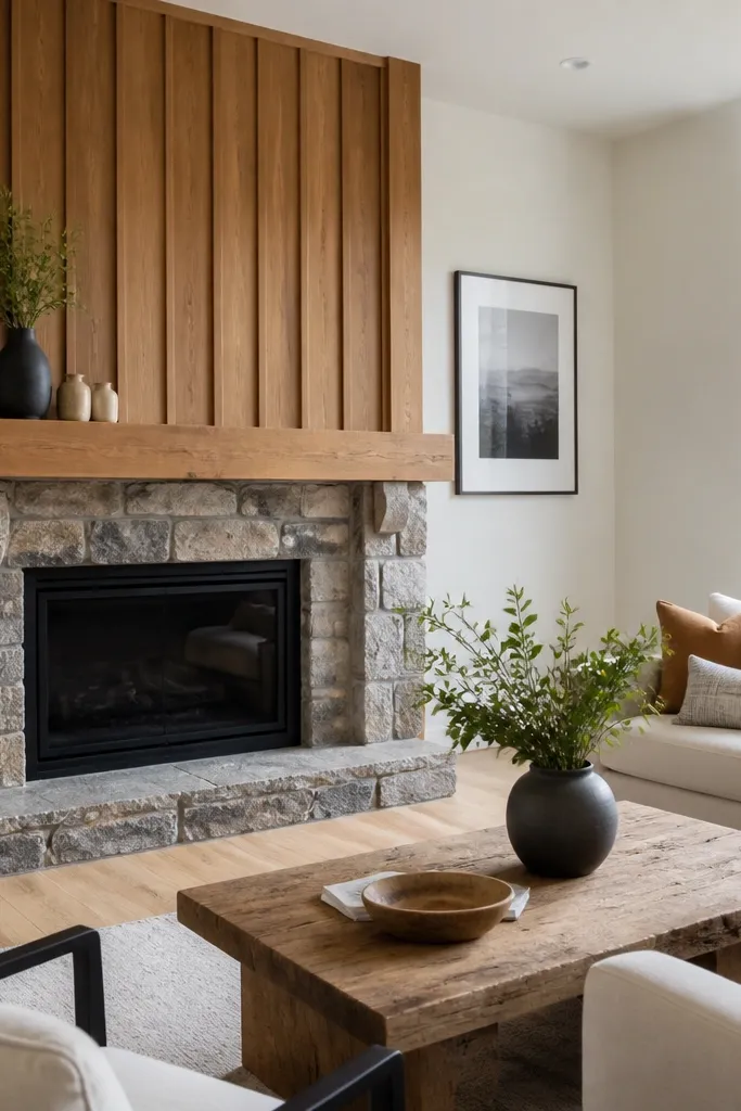 Rustic stone fireplace with a board-and-batten wood mantel frame and warm mantel shelf
