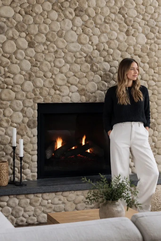 Beige river rock fireplace with minimal grout and a simple black mantel