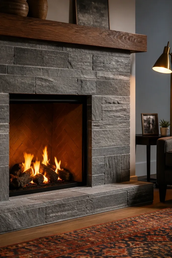 Ice gray slate fireplace with walnut mantel and clean grout lines