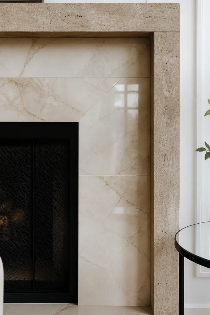 Stone fireplace with a cream marble-look tile accent band and warm mantel