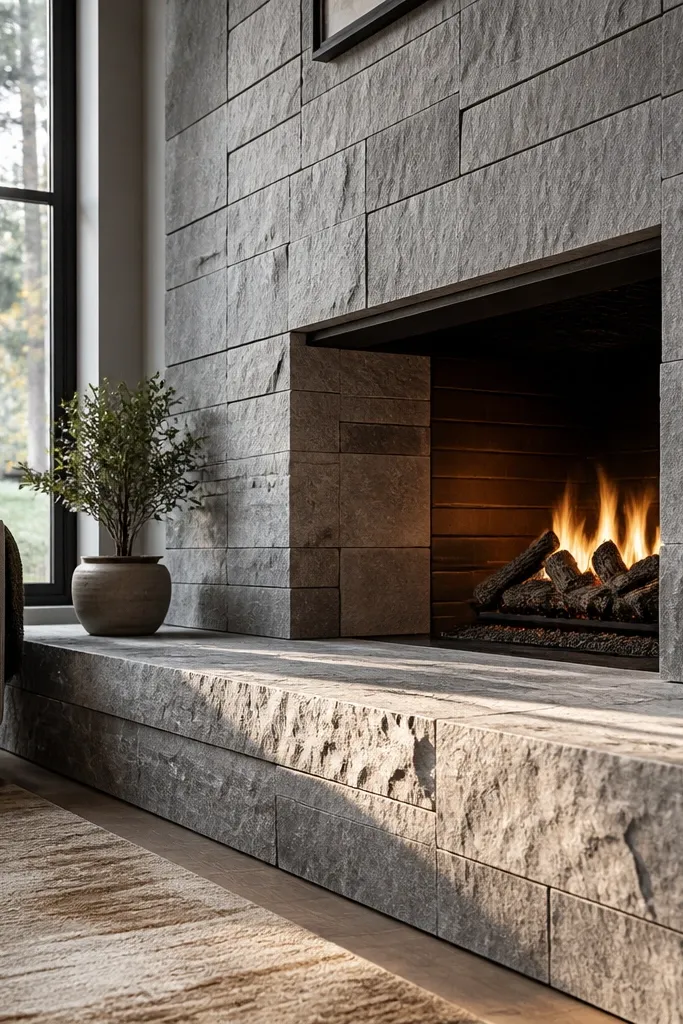Large stone hearth step under a tall stone fireplace surround and dark mantel