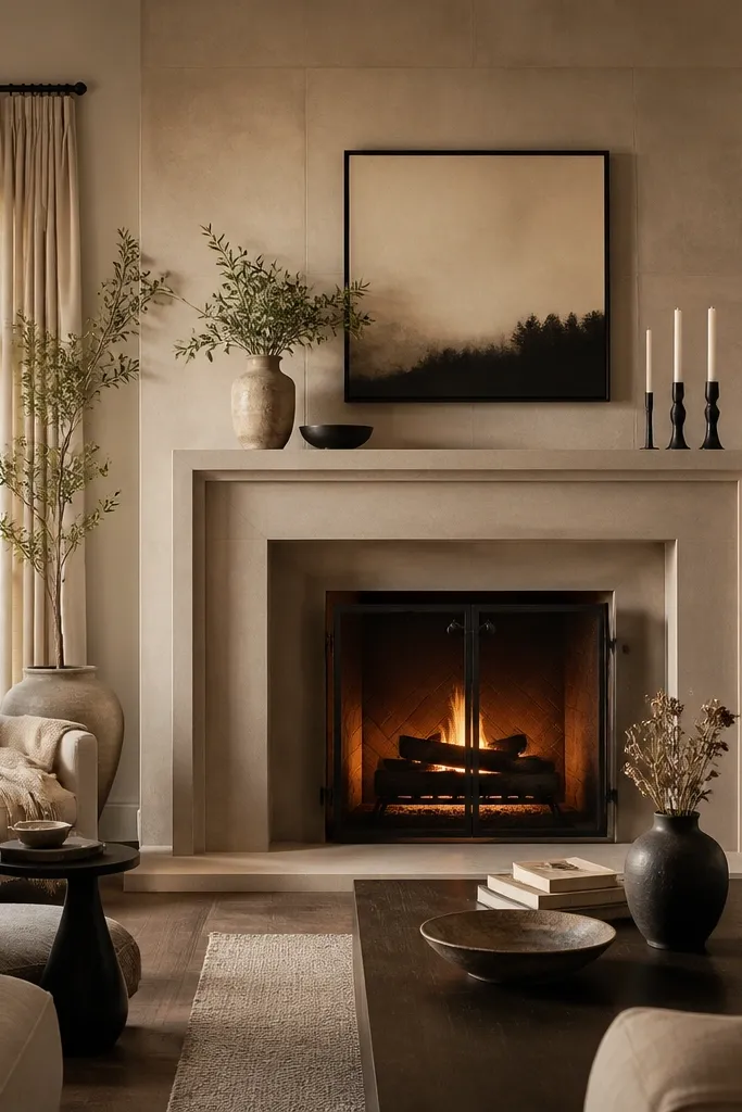 Monochrome taupe stone fireplace with black fire screen, tools, and simple mantel