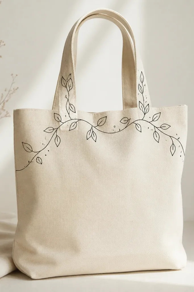 A black ink-like continuous line drawing of a vine wrapping around the tote handle area. The lines are crisp, with small leaf shapes and a few tiny dots. The rest of the tote is unpainted canvas color.