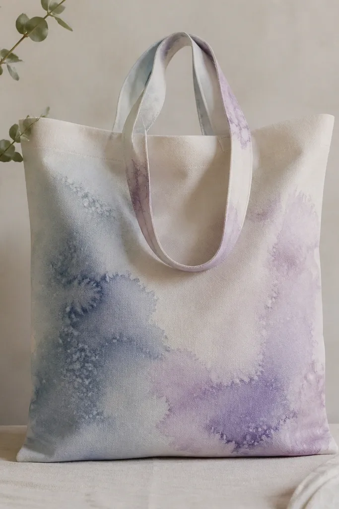 A tote with a soft, cloudy wash in dusty blue and lavender. Random speckled textures appear where coarse salt was sprinkled. The edges fade into the canvas with no hard lines.