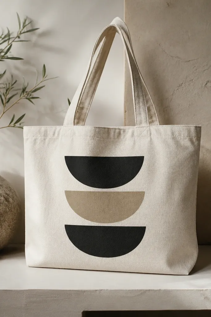A tote with three stacked half-moon shapes on the front. Two moons are matte black, one is sand-beige, with clean edges and a small gap showing canvas between shapes.