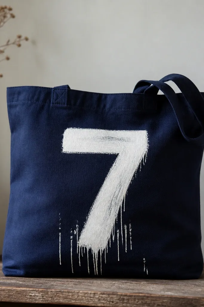 A large white number 7 painted on a dark navy tote. Around the lower edges, small drips run downward in a controlled pattern. The number has slightly uneven brush texture.