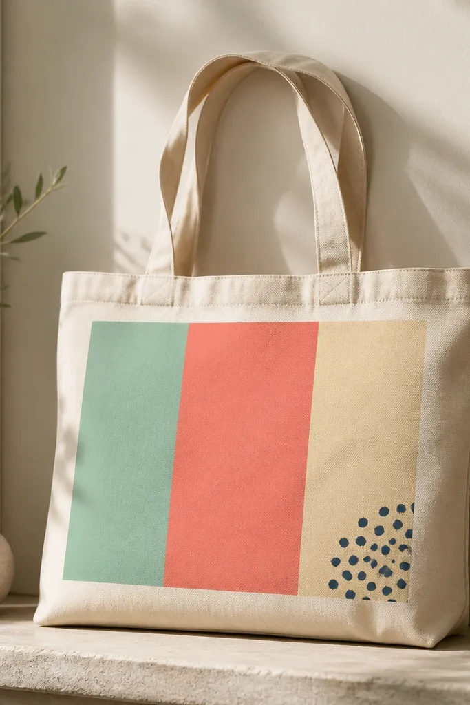 A tote with a rectangular panel on the front painted in three color blocks: mint, coral, and warm cream. The blocks line up like a modern poster, with crisp borders and a small painted dot cluster in one corner.