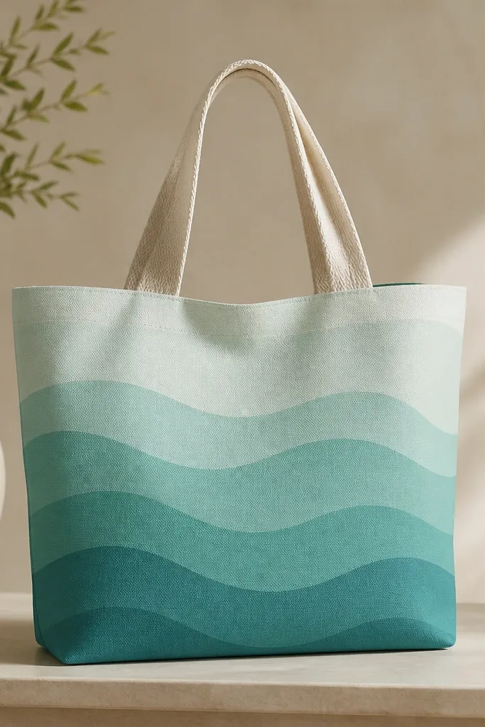 A tote with layered wave bands that fade from teal on the bottom to seafoam at the top. The waves are smooth, with no harsh lines, and the pattern repeats across the width.
