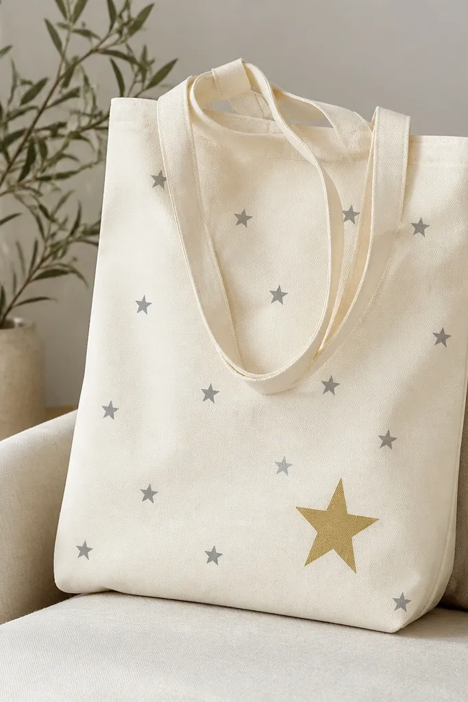 A cream tote with scattered small stars in matte gray. One larger star near the bottom has a matte gold fill. Stars are evenly spaced but not perfectly symmetrical.