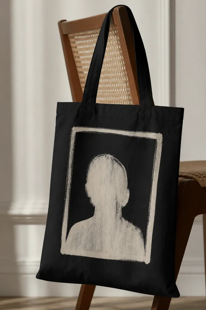 A tote with a tall rectangular frame painted in off-white on a black base. Inside the frame, there are faint brush textures like a portrait silhouette, but no face details. The frame edges are slightly imperfect.