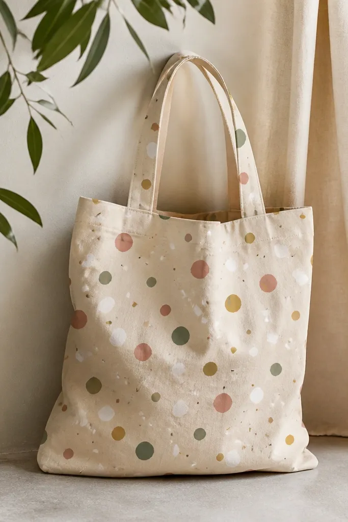A tote covered with scattered terrazzo-like dots: white, mustard, dusty rose, and muted green. The dots vary in size slightly, with a few tiny specks between larger circles.