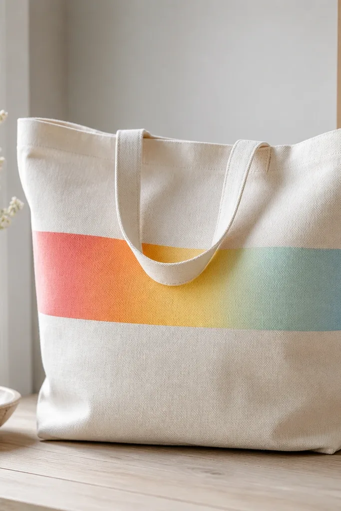A tote with a wide horizontal ribbon painted in a smooth ombre. Colors shift from coral through orange, yellow, and mint to a soft blue at the ends. The ribbon edges are clean and straight.