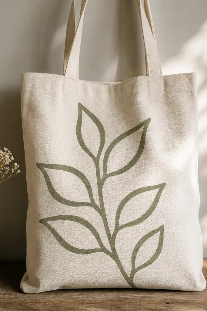 A cream tote with a single branch stencil painted in muted green. Leaves are created by leaving the canvas unpainted shapes inside the stencil, so the leaf outlines look like cutouts.