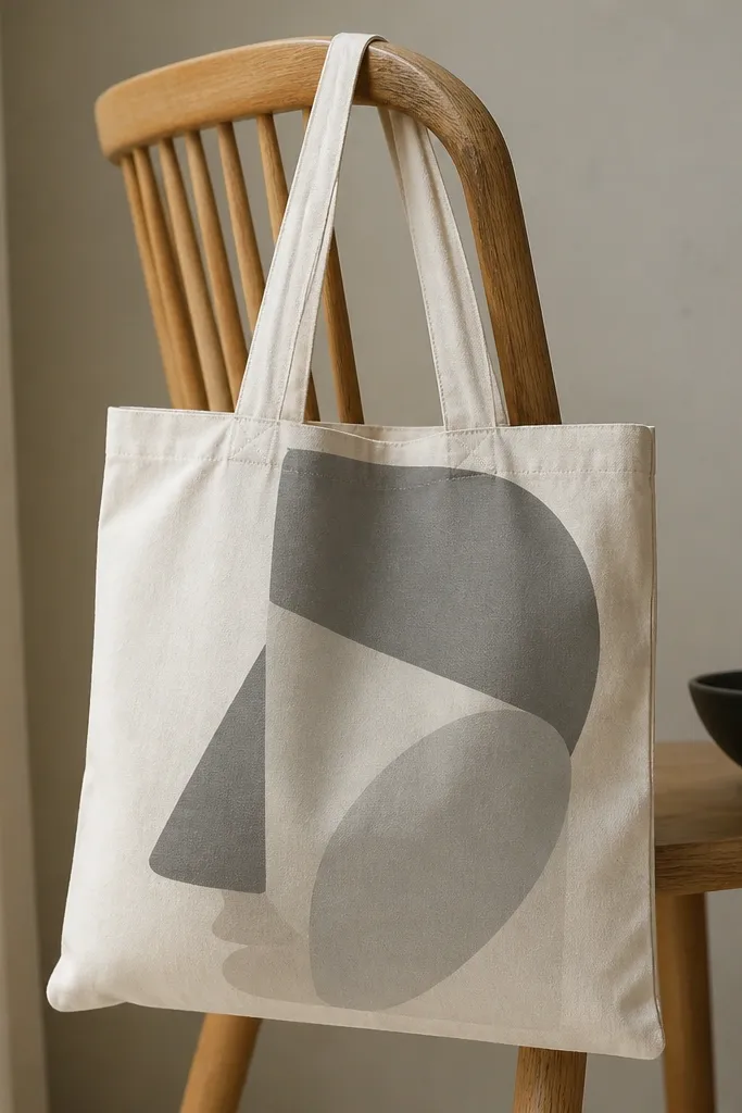 A tote with a stylized face made of overlapping gray shapes: a forehead block, cheek oval, and a nose triangle. No facial lines are drawn; it's all color blocks with soft edges.