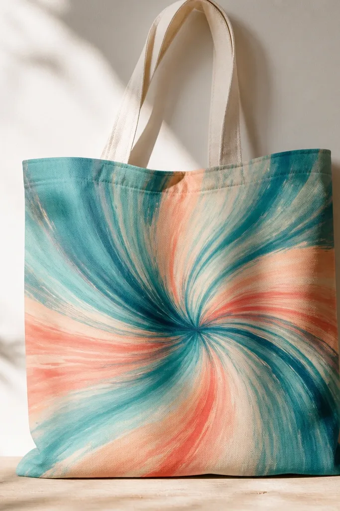 A tote front with swirling brush lines that look like tie-dye without the messy folds. Colors include teal, aqua, and coral, blending in curved streaks. The center has a slightly darker swirl hub.