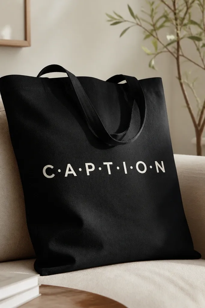 A tote with clean uppercase lettering reading CAPTION in off-white on a dark background. Between letters are tiny circular dots, like a typographic divider. The letters have crisp edges.