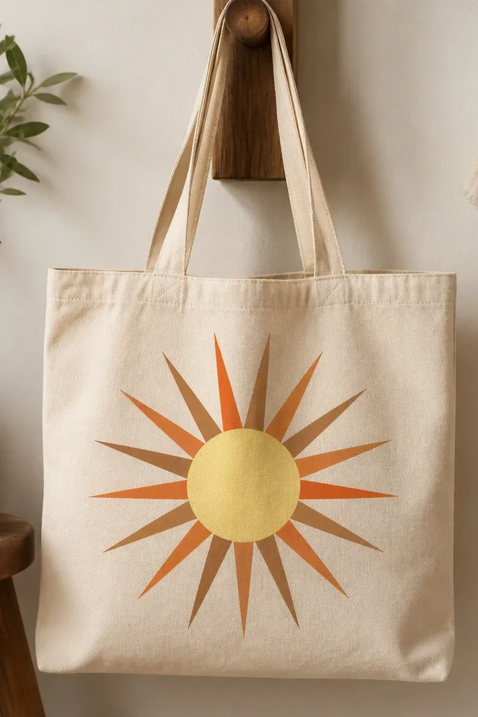A tote with a center circle in pale yellow. From it, sharp triangle rays radiate outward in alternating muted orange and warm brown. The rays are evenly spaced and end before the side seams.