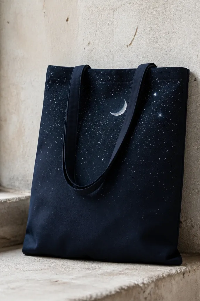 A dark tote with tiny white and silver speckles like stars. A single crescent moon sits near the top, painted in light gray with a soft edge. The speckles fade slightly toward the bottom.