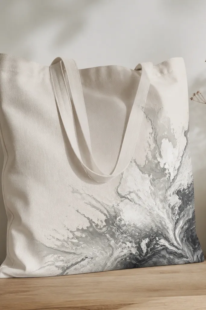 A tote with a marbled paint splash concentrated in the bottom right corner. Swirls of soft gray and white spread outward like ink in water, with a clean edge where it stops.