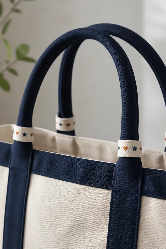 The tote handles have a painted wrap band that holds tiny repeating icons: small hearts, stars, and dots in alternating colors. The icons are aligned and consistent around the handle base.