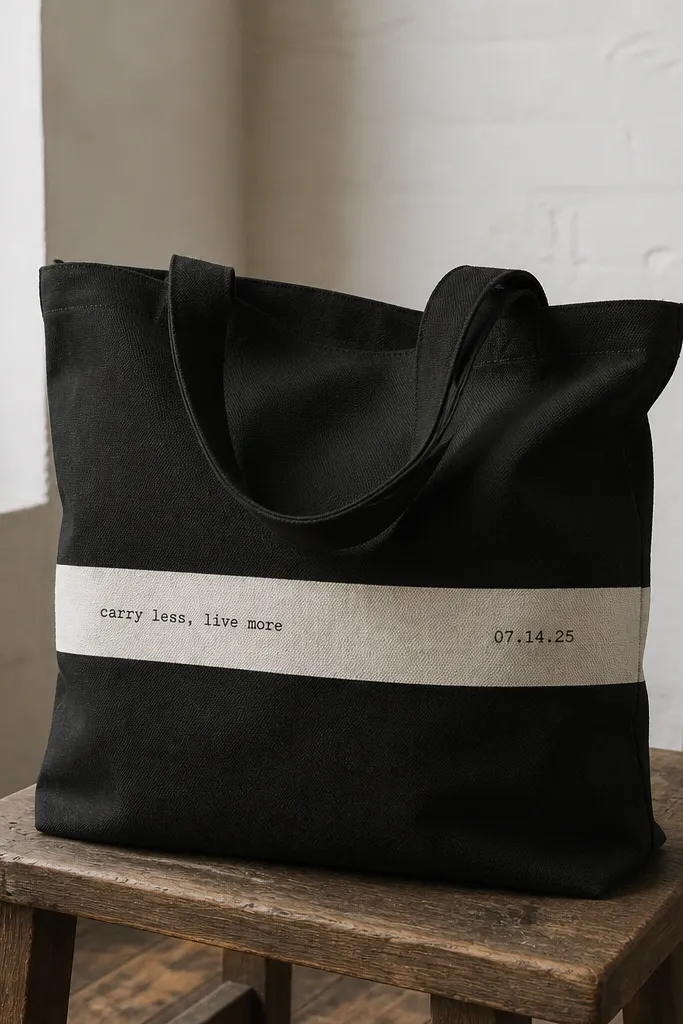 A tote with a horizontal off-white bar across the front, like a label. Inside the bar, small black type reads a short phrase and a date-like number. The bar has crisp edges and slightly worn texture.