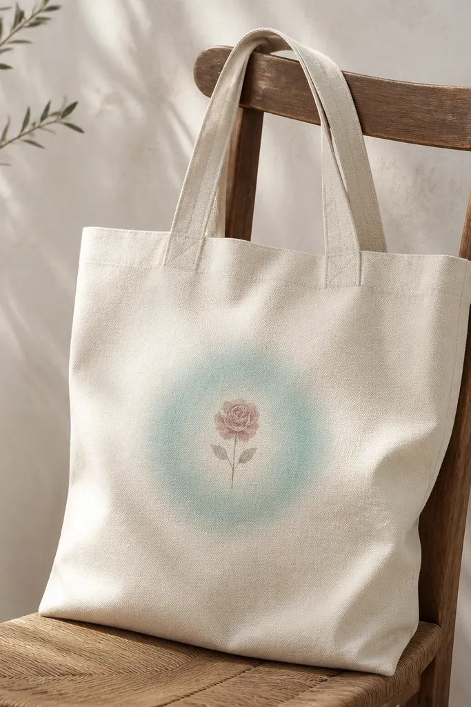 A tote with a small central motif - a simple flower - painted in muted rose. Around it is a ring halo in semi-transparent aqua, fading outward like a glow.