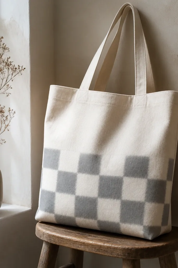 A tote with a checkerboard pattern across the lower half. Squares alternate between soft gray and off-white, with slightly softened edges where sponge blended at the boundaries.