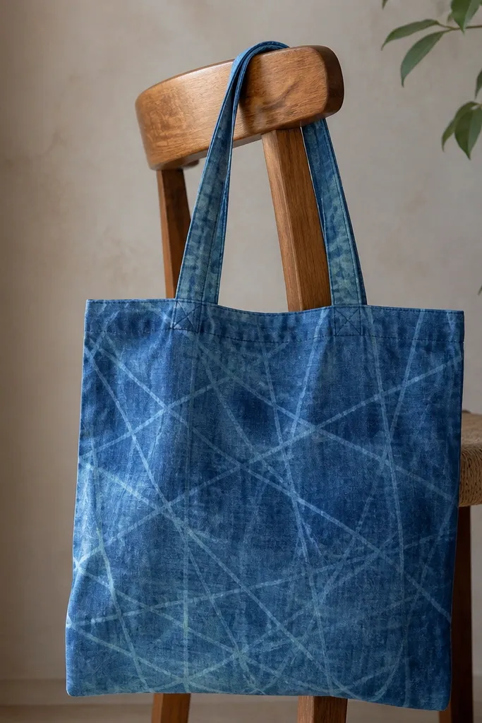 A tote with thin white wax-resist lines forming a crisscross pattern over a dyed-looking blue field. The lines stay lighter, creating a subtle resist look rather than bold tie-dye circles.