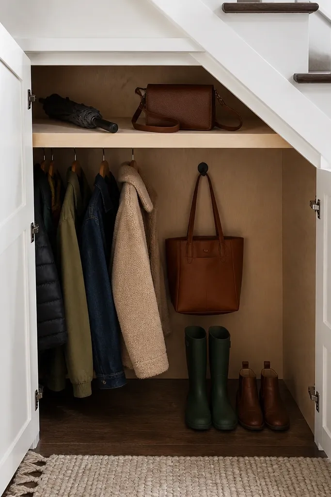 White shaker door under stairs with a neat shelf ledge above