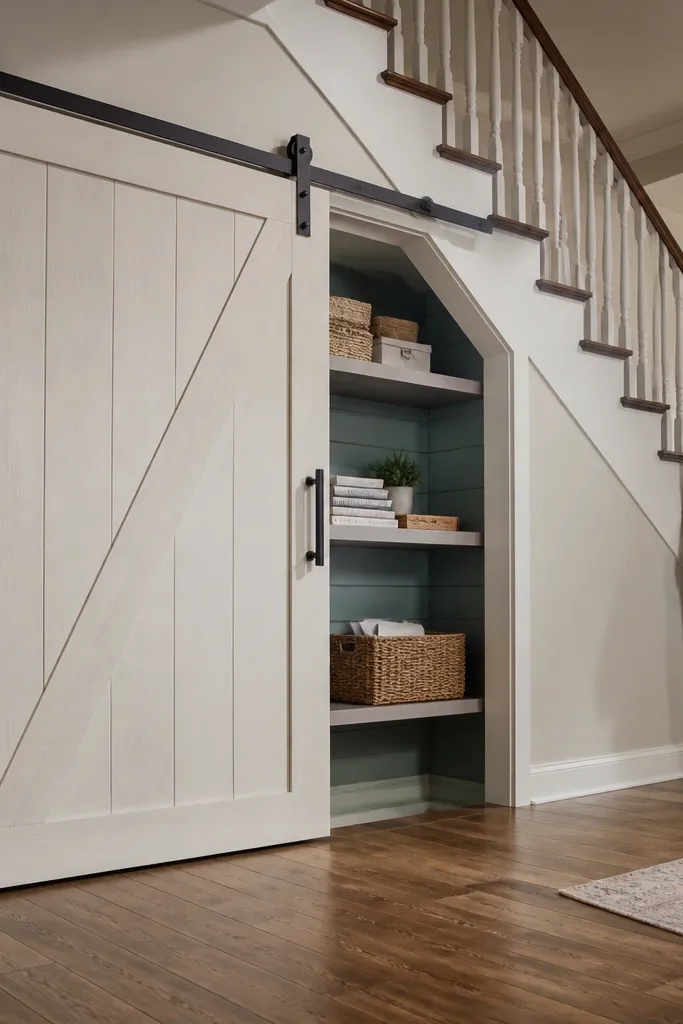 Sliding barn door under stairs with a warm wood interior