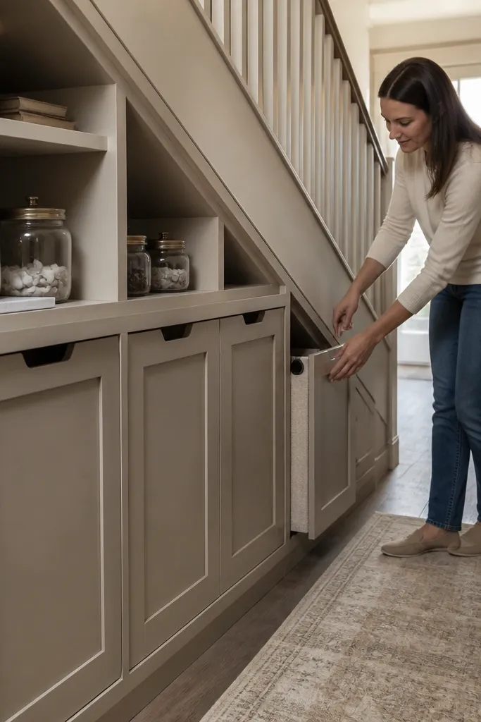 Open shelves with decor above and closed storage bins below