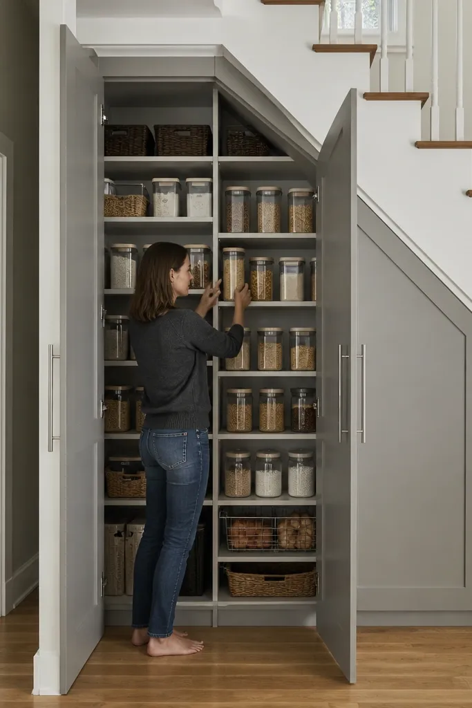 Tall under-stairs pantry doors with long pull handles