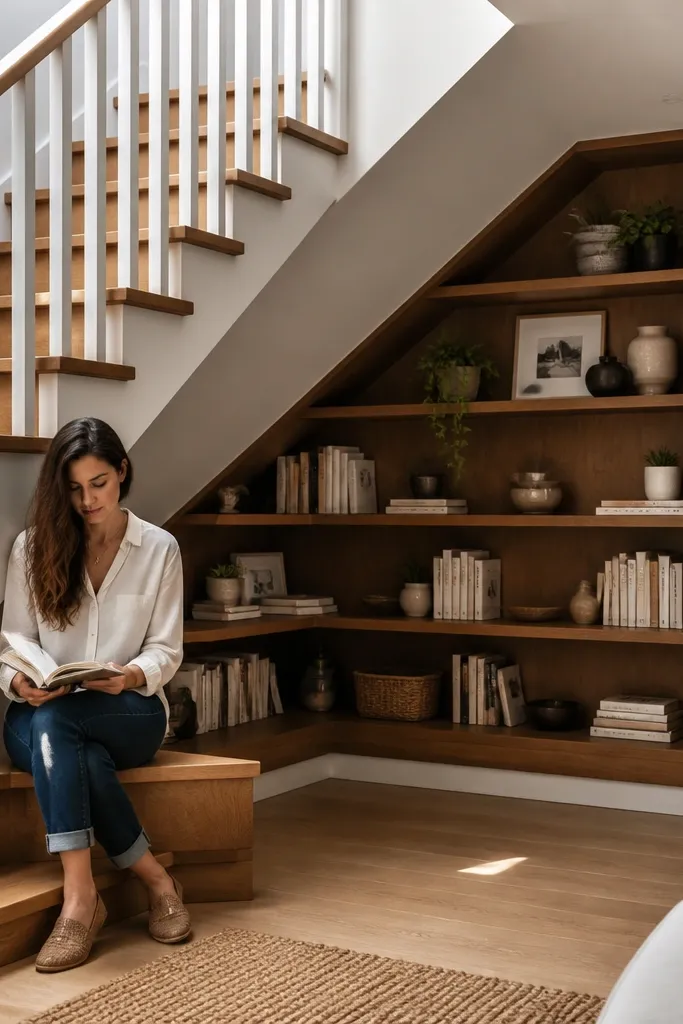 L-shaped shelves under stairs with a clean corner frame