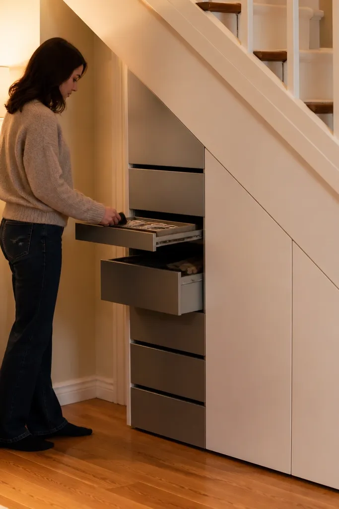 Under-stairs unit with top drawers and bottom cabinet doors