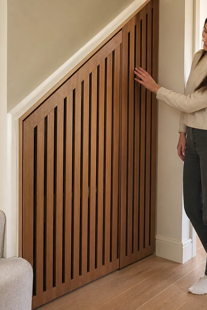Wood slat door under stairs hiding a shelf interior