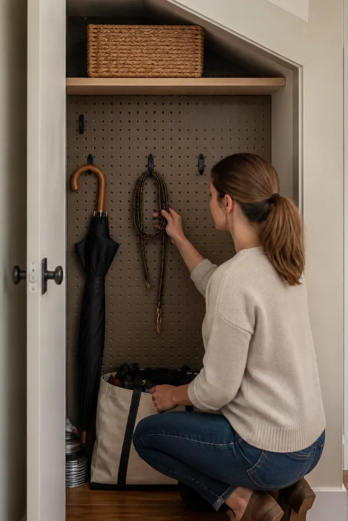 Pegboard back under stairs with hooks and small bins