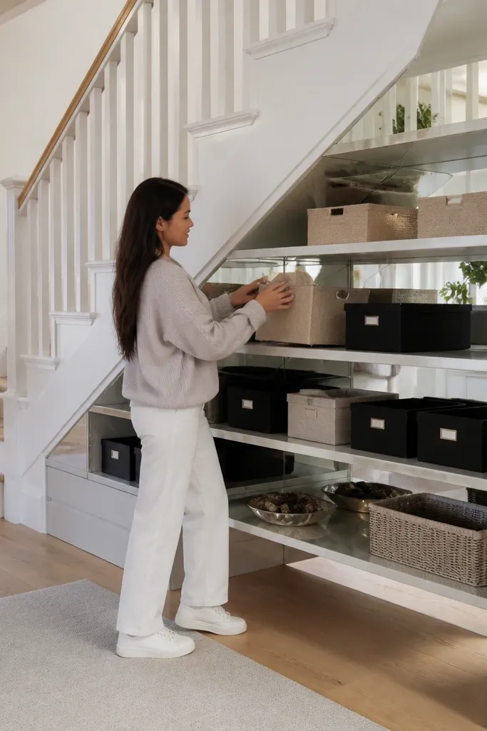 Under-stairs cabinet with a mirrored back behind open shelves