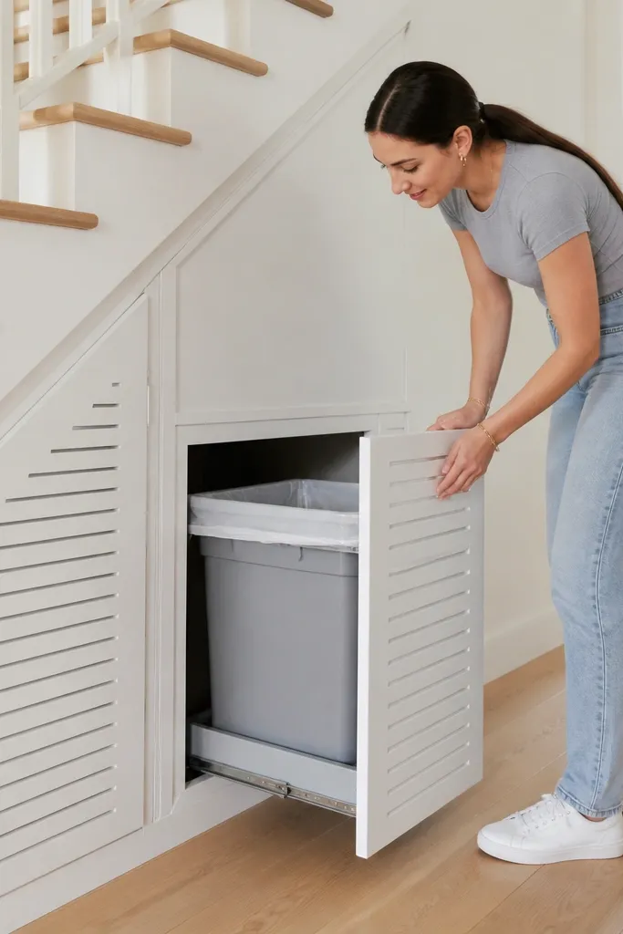 Under-stairs trash pull-out behind a slatted door