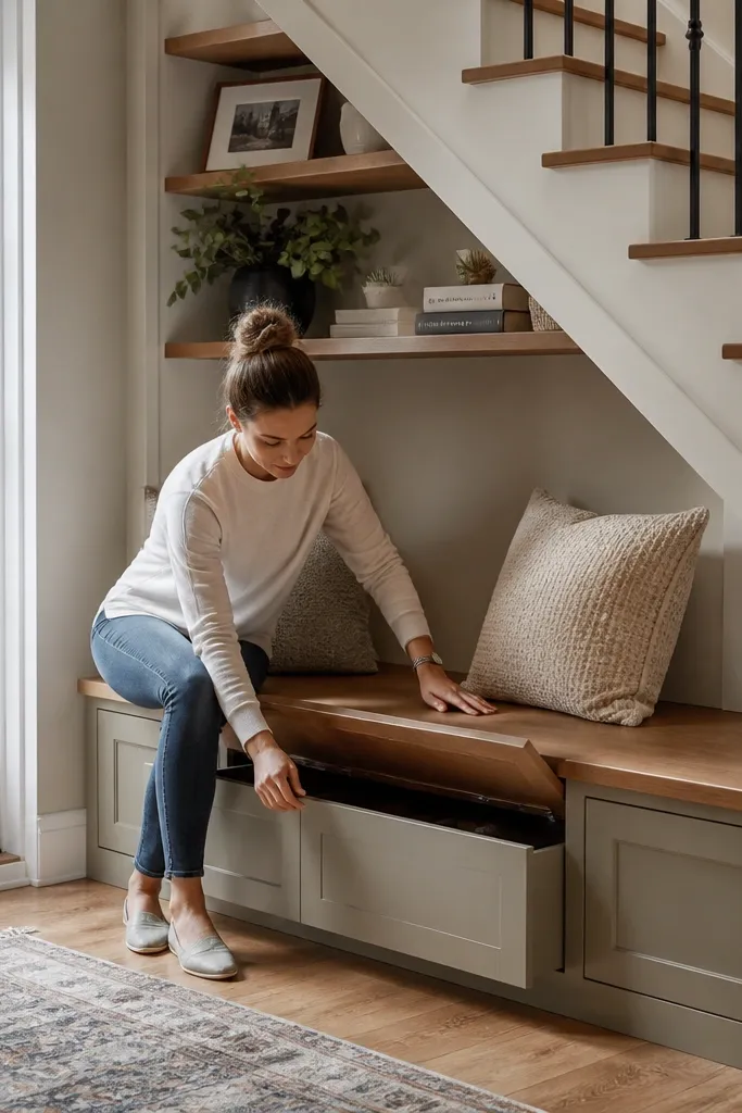 Under-stairs bench with open shelves and hidden storage below