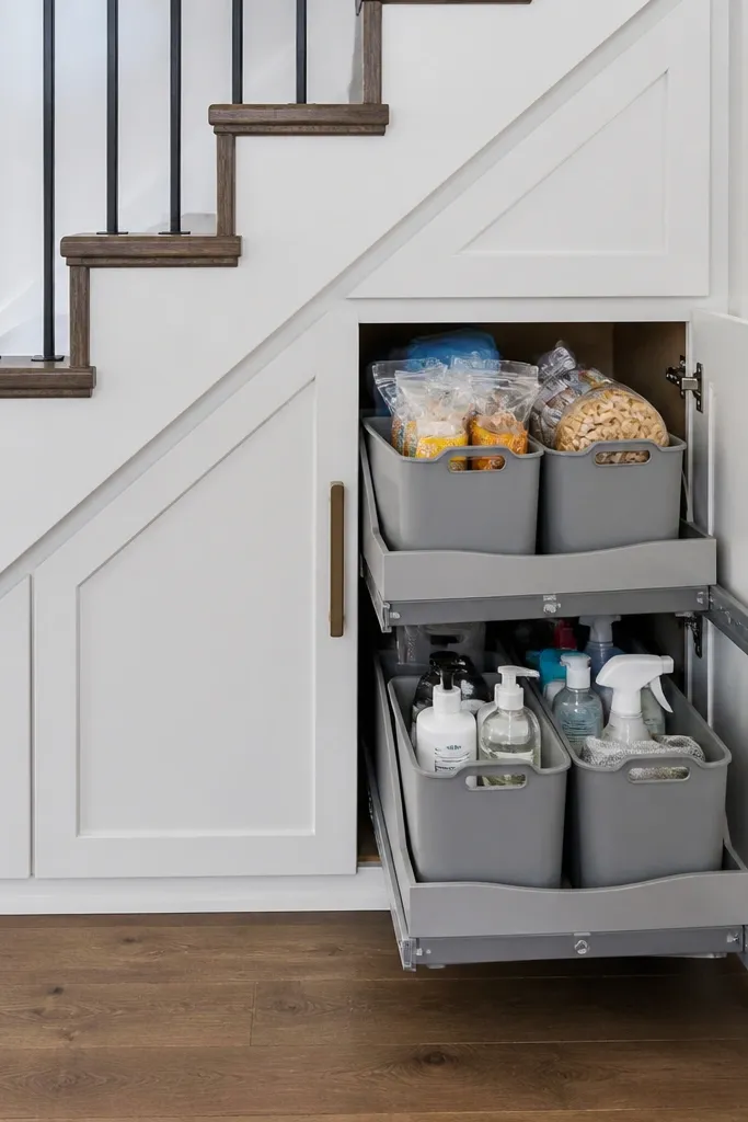Under-stairs cabinet with removable bins on tracks