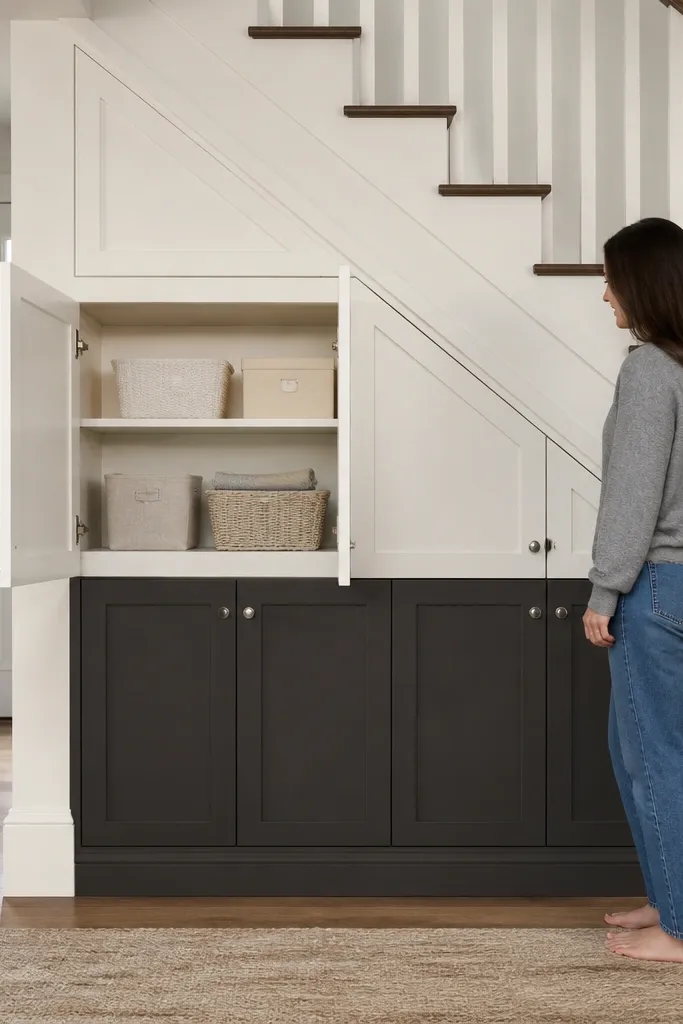 Two-tone under-stairs cabinet with dark lower doors and light upper shelves