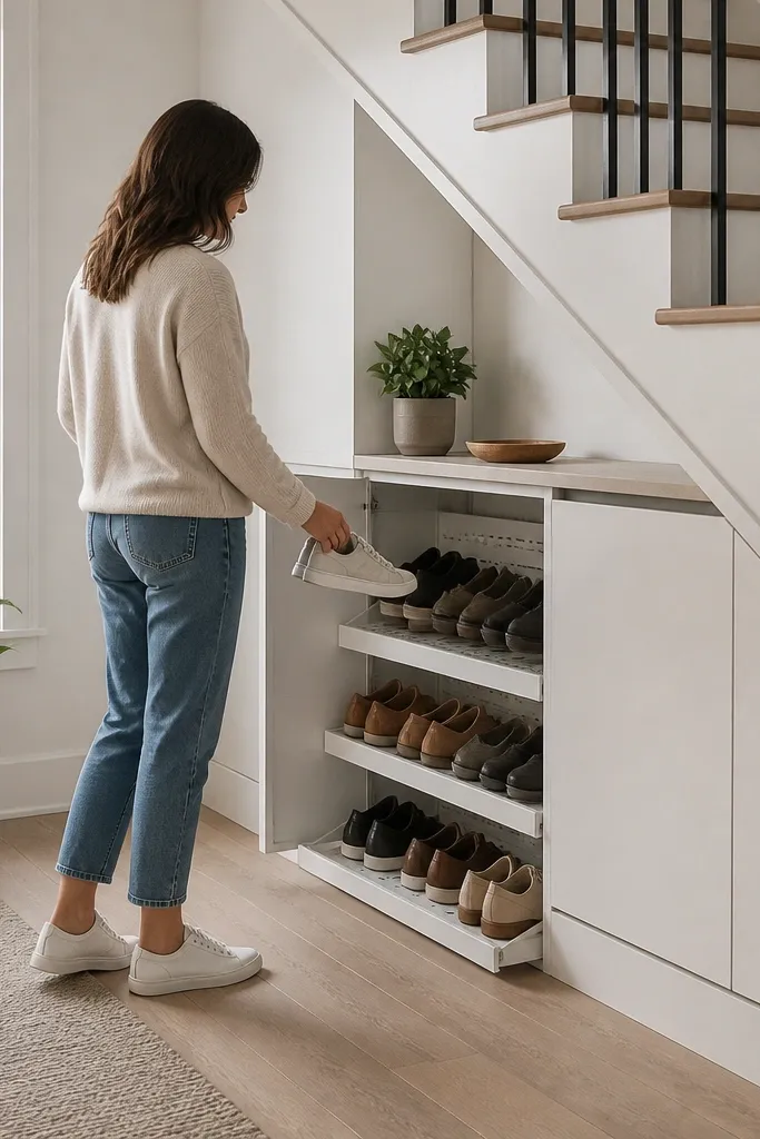 Shoe closet under stairs with vent slits and raised platform shelves
