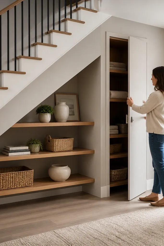Floating shelves with a hidden cabinet side under stairs