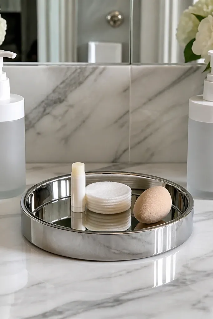 Silver mirrored tray with two matching pump bottles and small jars
