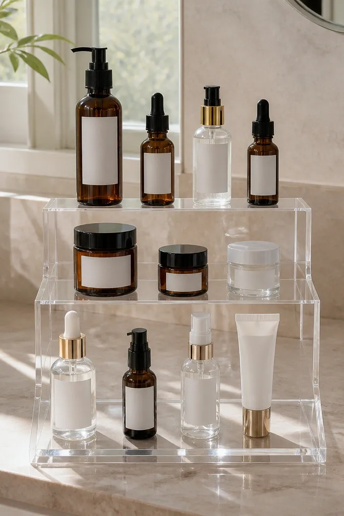 Clear acrylic risers holding skincare bottles in straight rows