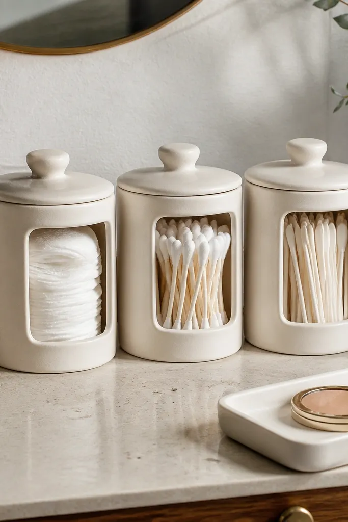 White ceramic canisters with lids holding cotton rounds and Q-tips