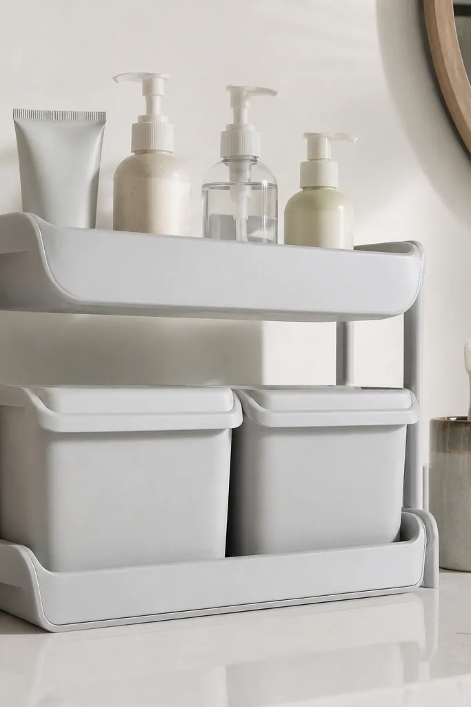 Small two-tier counter shelf with rounded bins holding toiletries