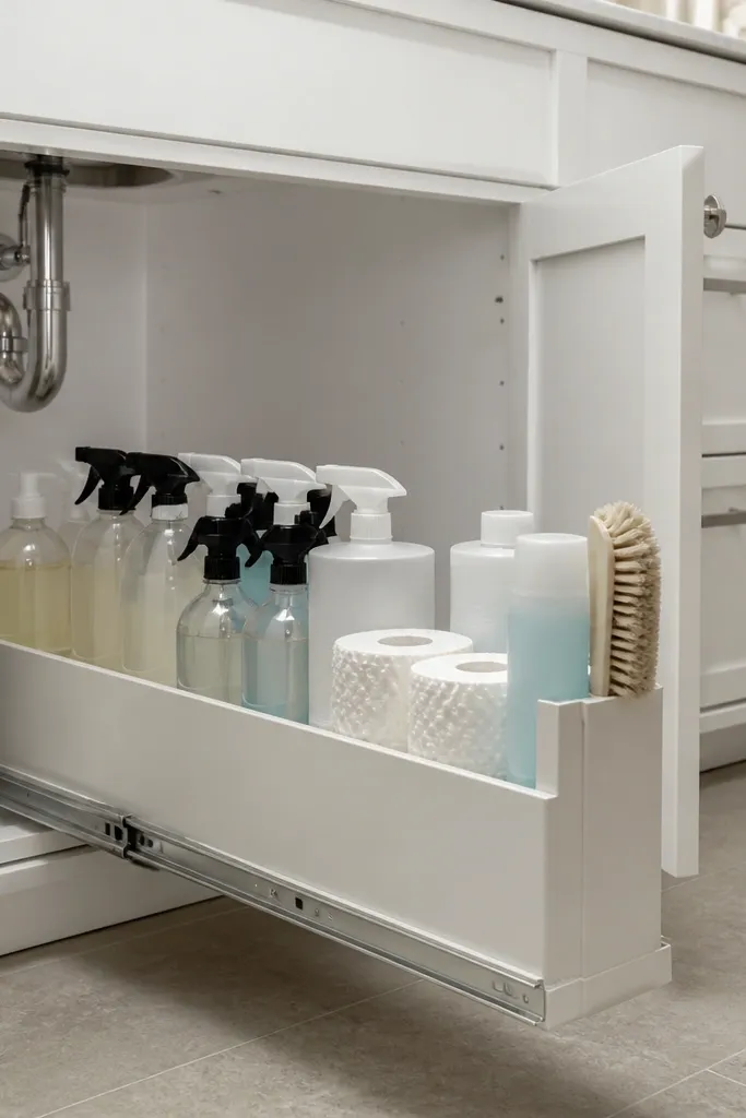 Pull-out under-sink organizer with labeled cleaning supplies