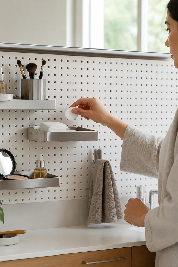 Pegboard behind vanity with small trays holding toiletries